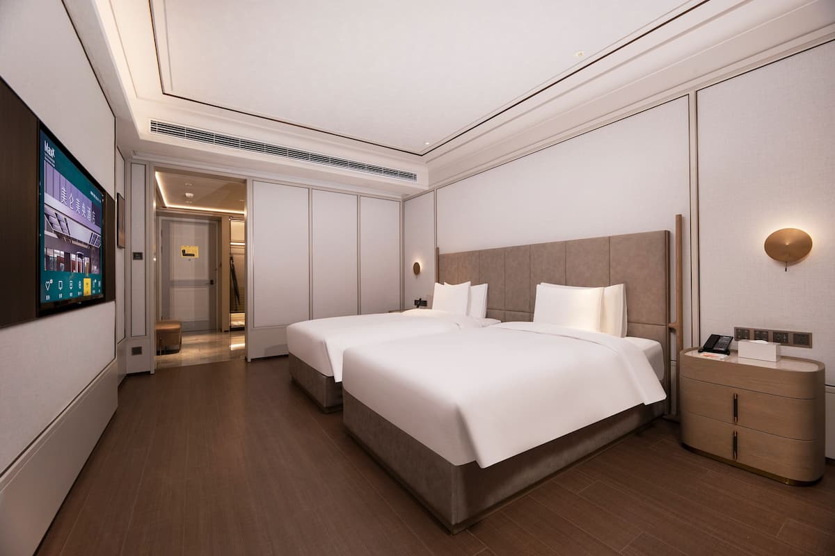 Una habitación de hotel moderna con dos camas, una mesita de noche con lámpara, un televisor montado en la pared y un vestidor.