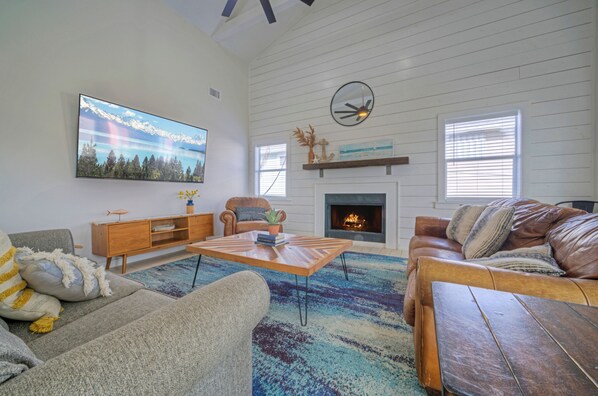 Smart TV, fireplace, foosball