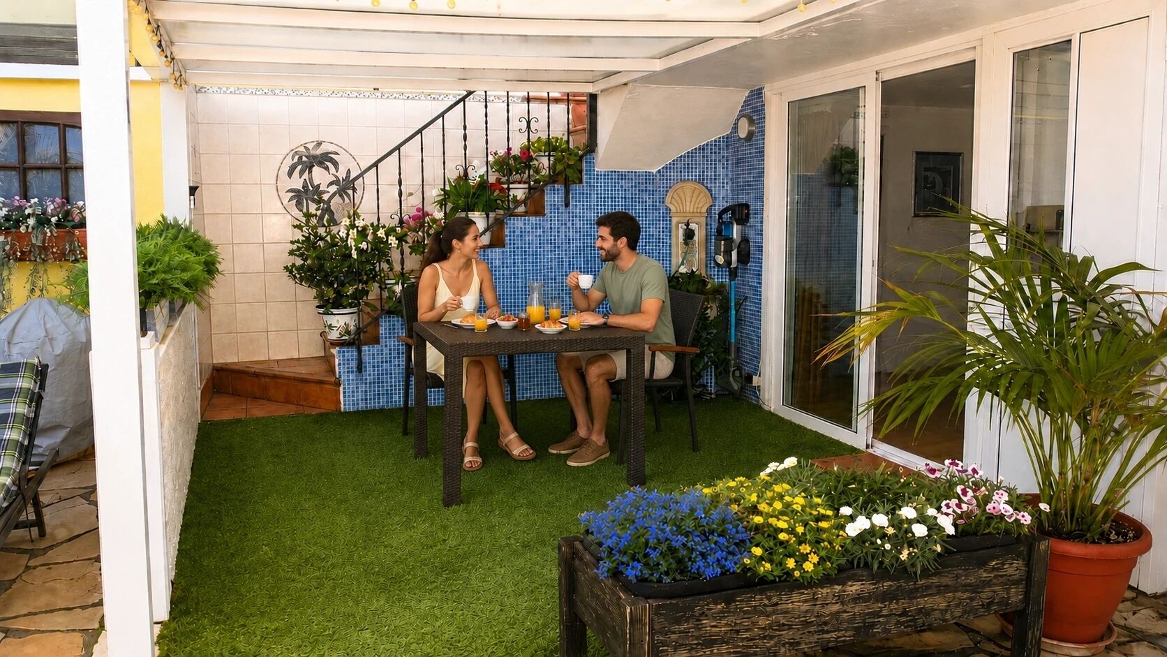 An outdoor patio with a table, chairs, and potted plants.