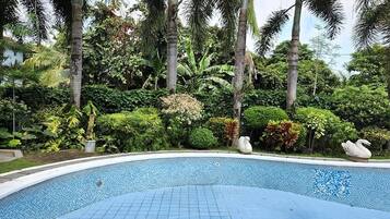 Uma piscina com borda azulejada, rodeada por vegetação exuberante e palmeiras.
