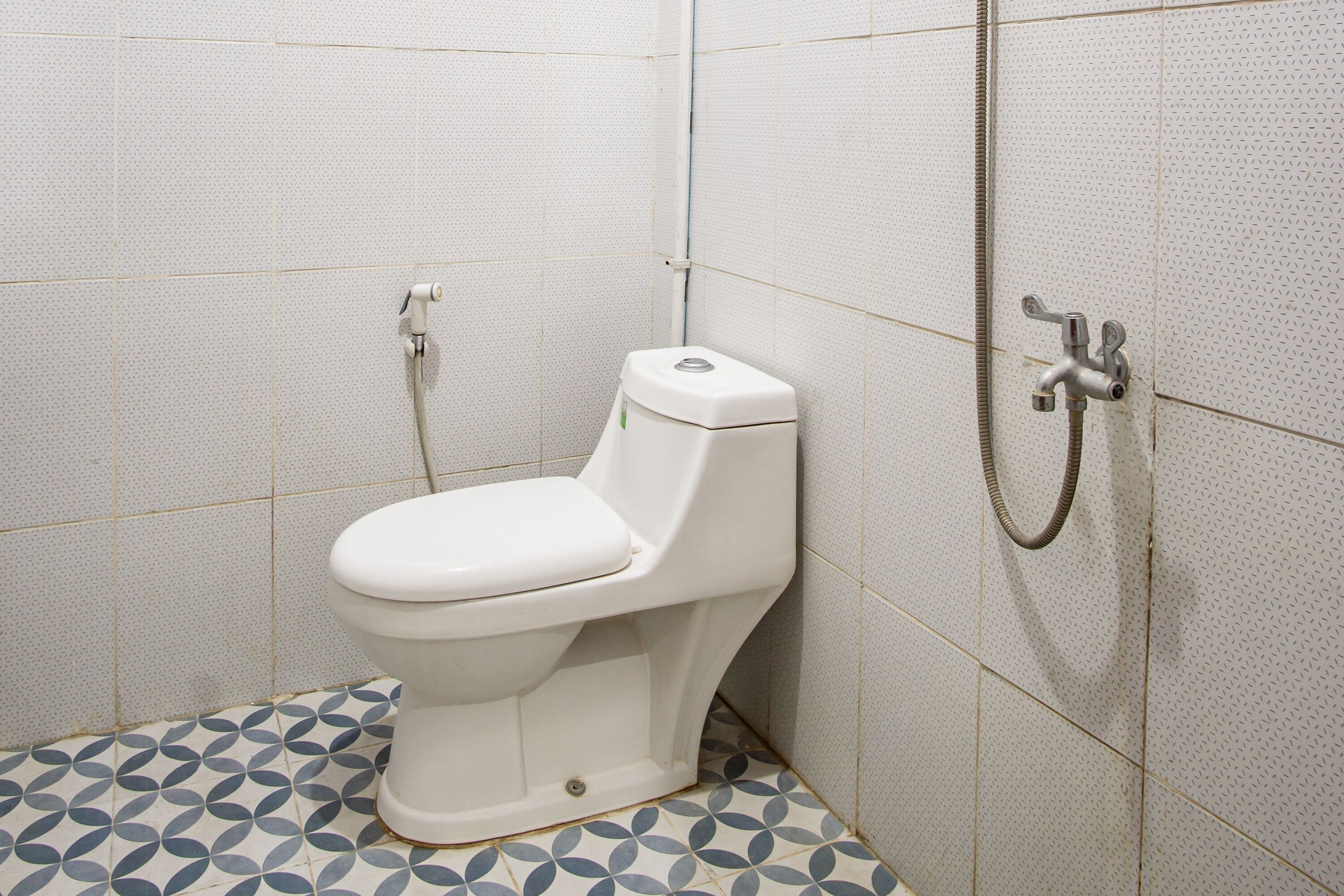 A bathroom with a toilet, a shower, and patterned floor tiles.