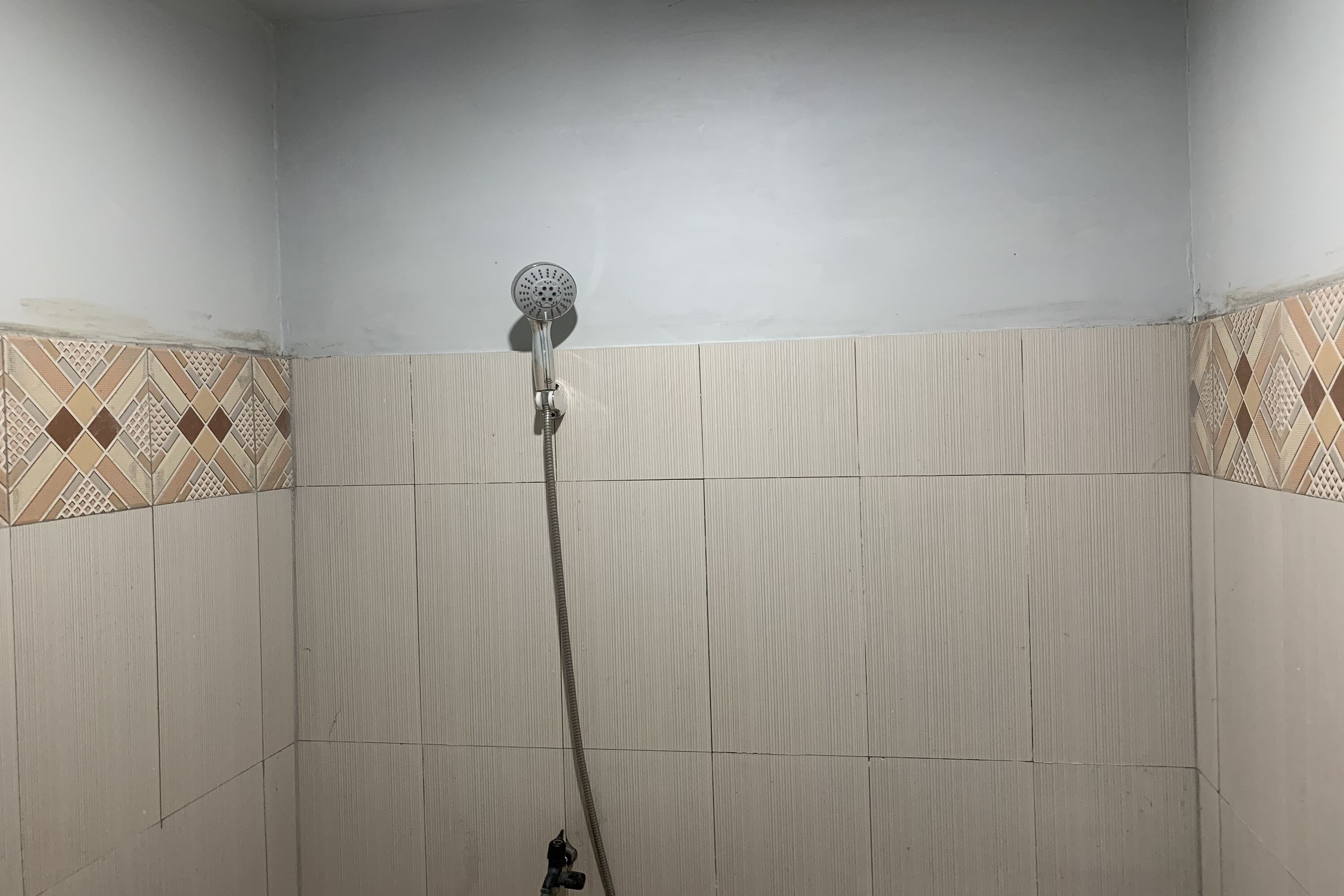 A shower with a handheld showerhead and a vertical water hose.