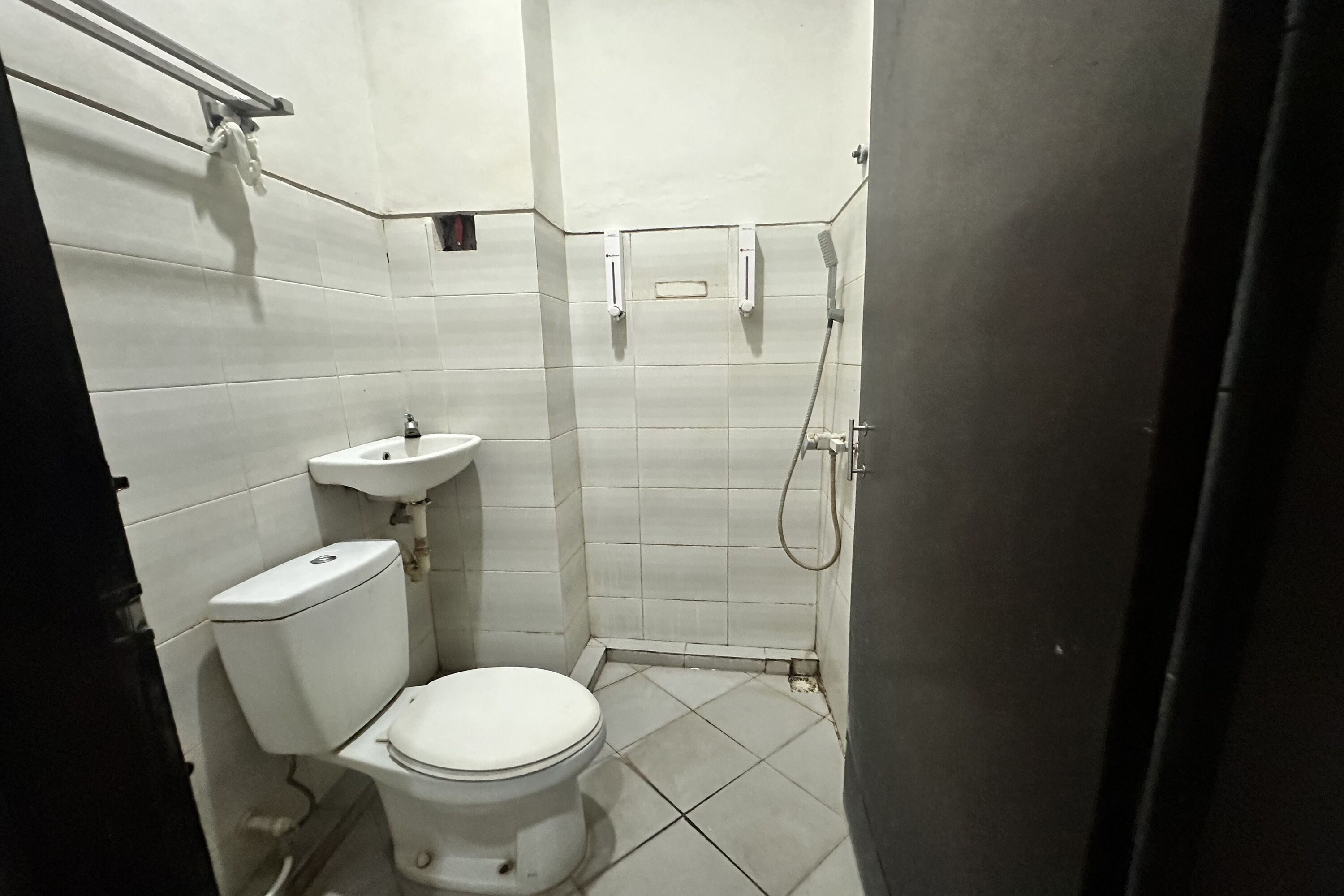 A small, basic bathroom with a toilet, sink, and shower.