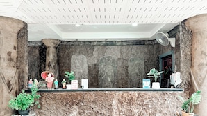 Un espace d’accueil avec un mur en pierre, un ventilateur de plafond et des plantes en pot.