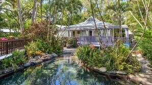 A house with a covered porch, surrounded by lush tropical vegetation and a small pond. - A Tropical Treat @ Sea Level / Port Douglas (PORT DOUGLAS)