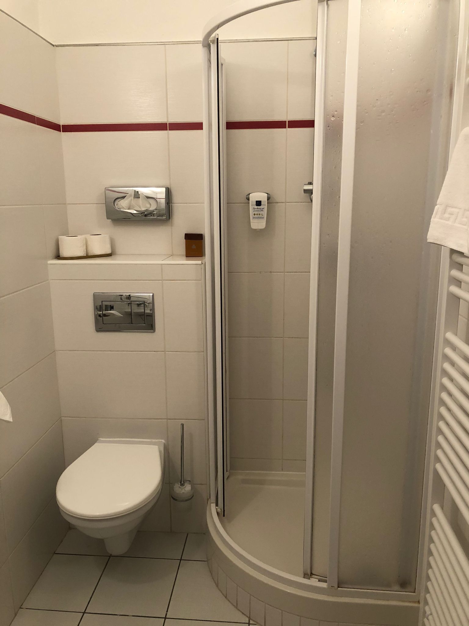 A bathroom with a toilet, a hand dryer, and a glass shower enclosure.