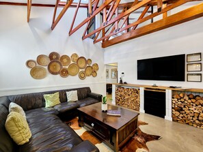 TV, fireplace, books, stereo