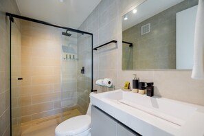 Shower, hair dryer, towels