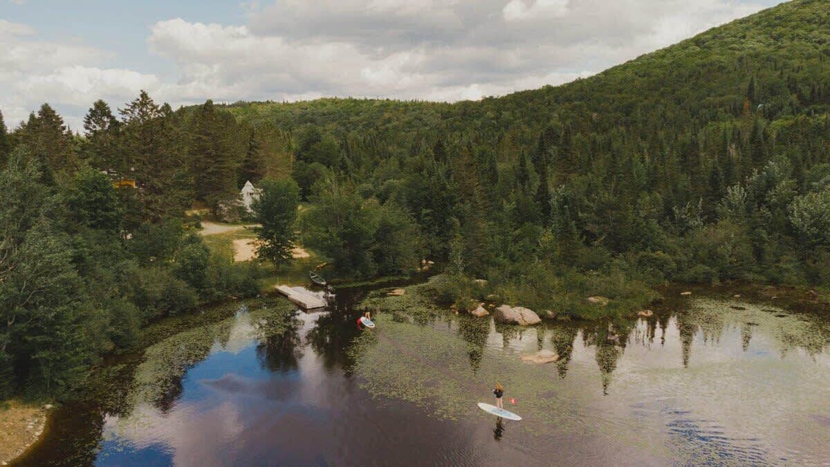 Un lago tranquillo circondato da una fitta foresta, con una persona su un’asse da paddleboard.