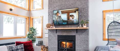 TV, fireplace, books, offices