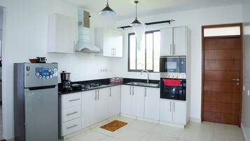 Full-sized fridge, microwave, oven, electric kettle