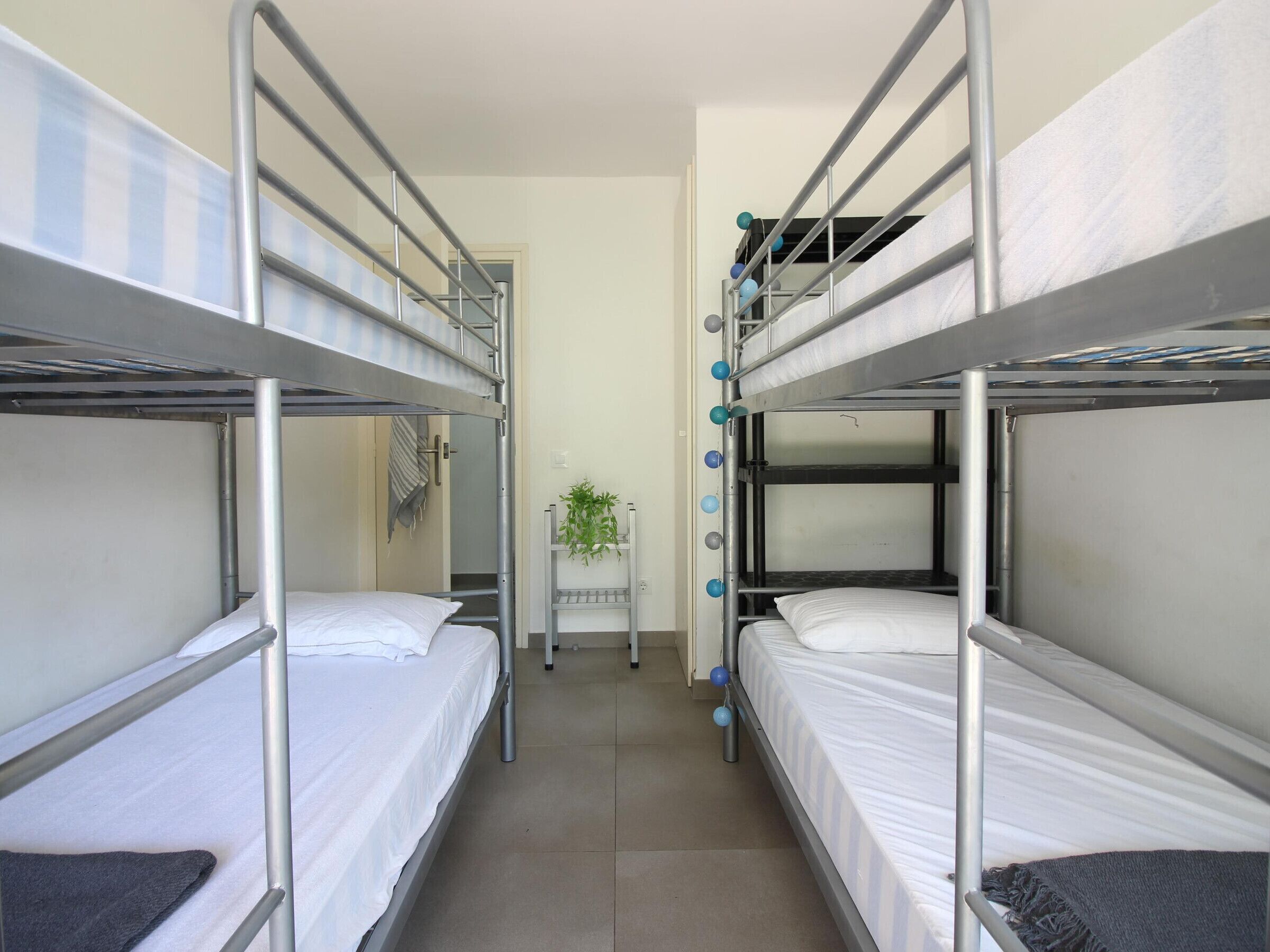 A dormitory room with bunk beds, a small table with a plant, and a door in the background.