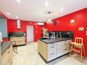 Fridge, microwave, dishwasher, dining tables