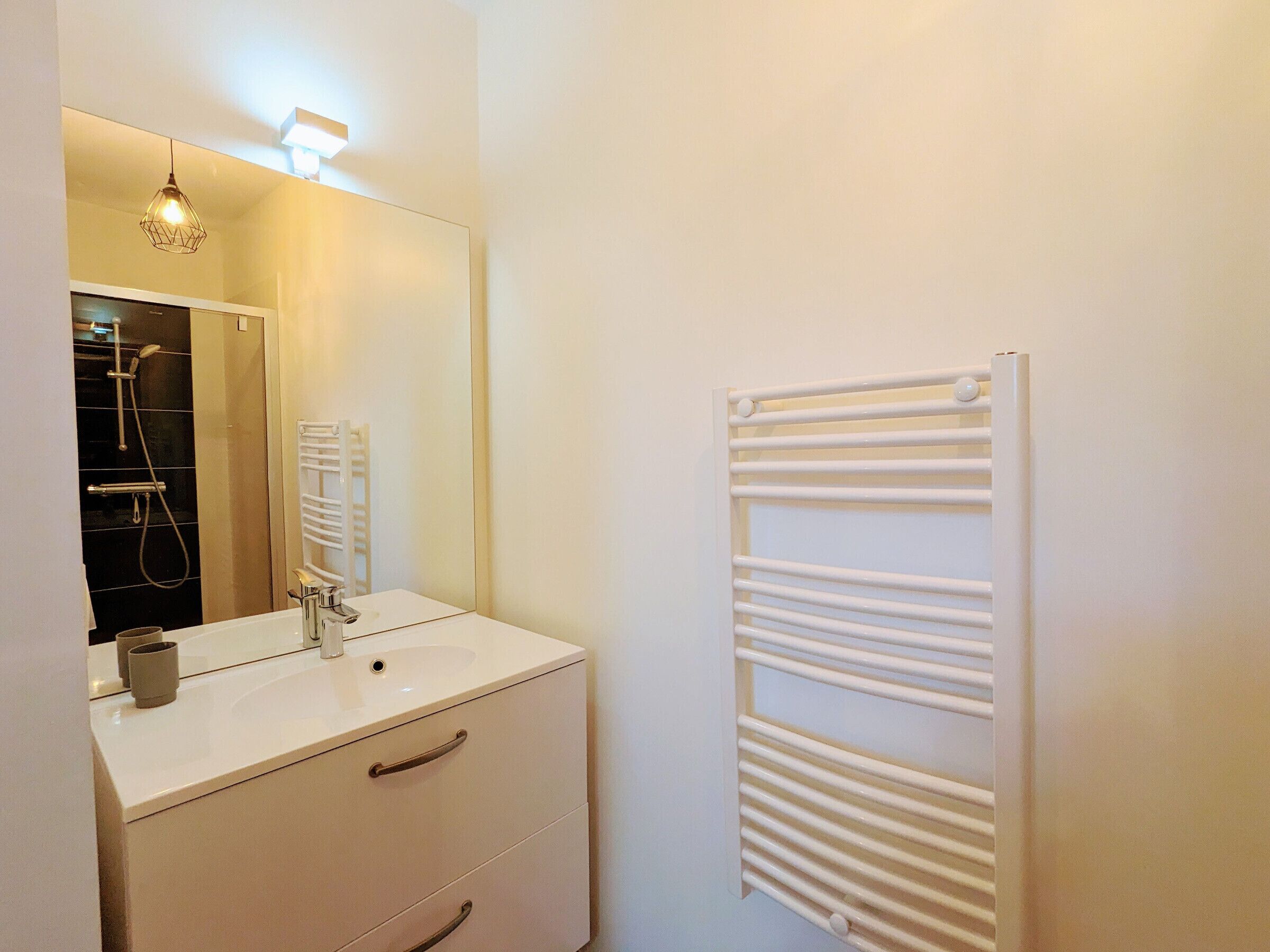 A bathroom with a white vanity, a mirror, a towel rack, and a shower area.