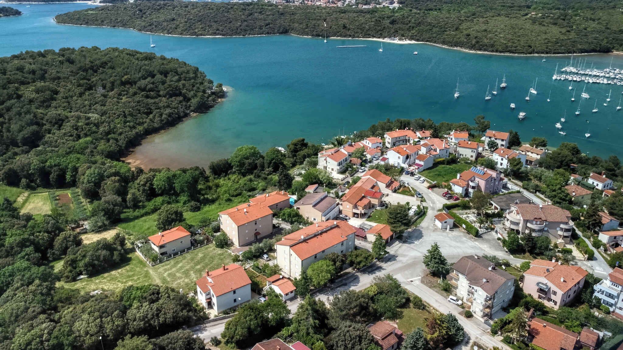 Vue aérienne d’un village côtier avec des maisons, un port de plaisance et une zone boisée.