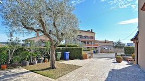 A courtyard with a stone pathway, potted plants, and a building with a tiled roof.