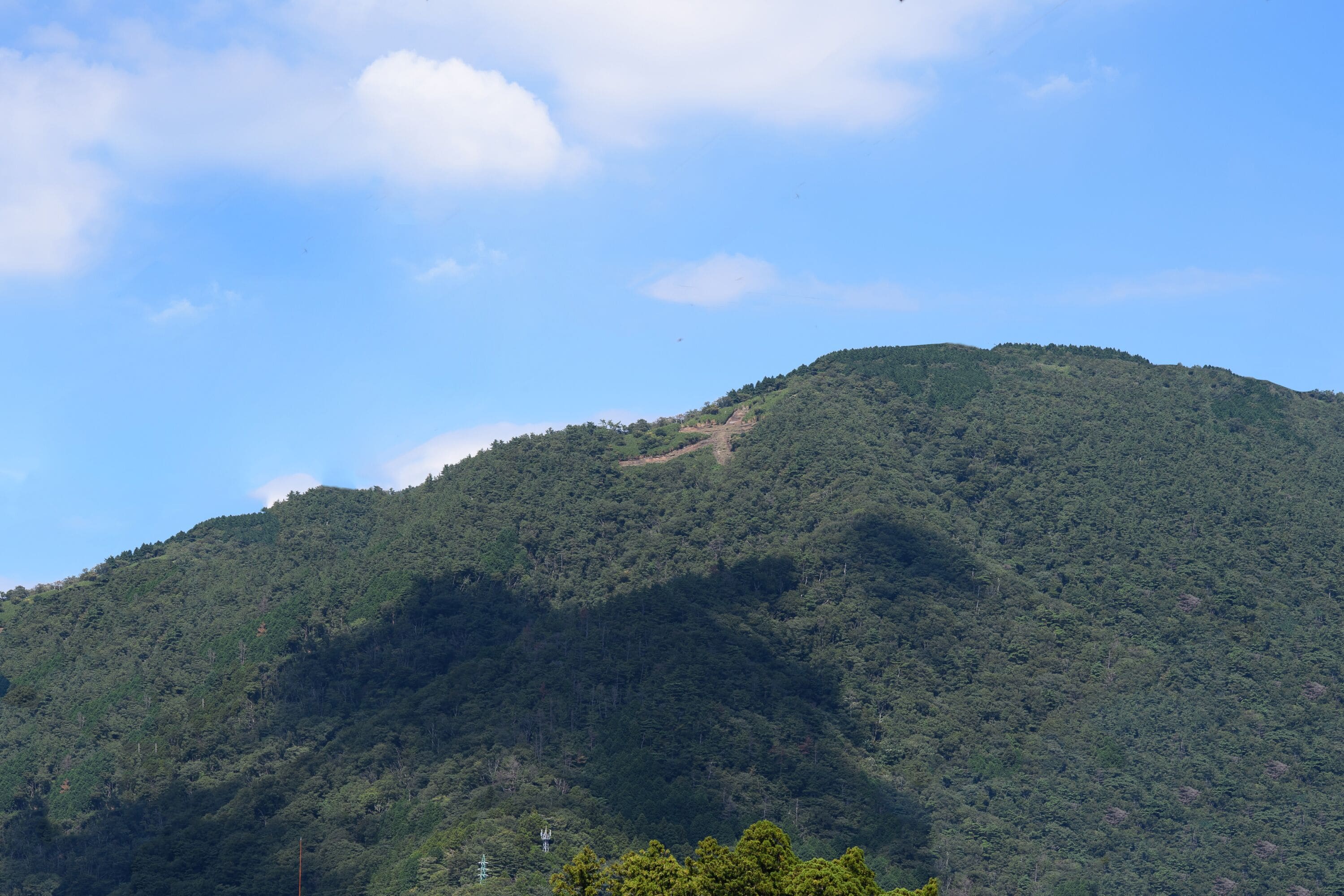Una montaña con densa vegetación verde y cielo despejado.