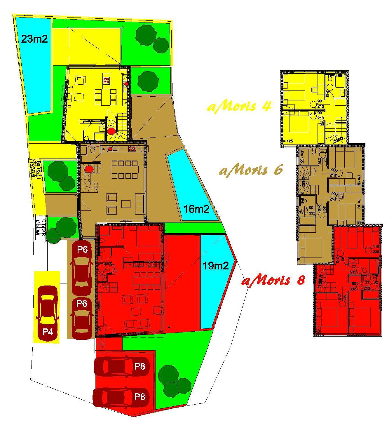 A floor plan of a hotel with multiple sections labeled a/Moris 4, 6, and 8, each with different room sizes and layouts.