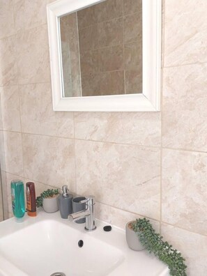 A bathroom with a white sink, a mirror above it, and a potted plant beside the sink. - 4-bed House in Accrington (Accrington)