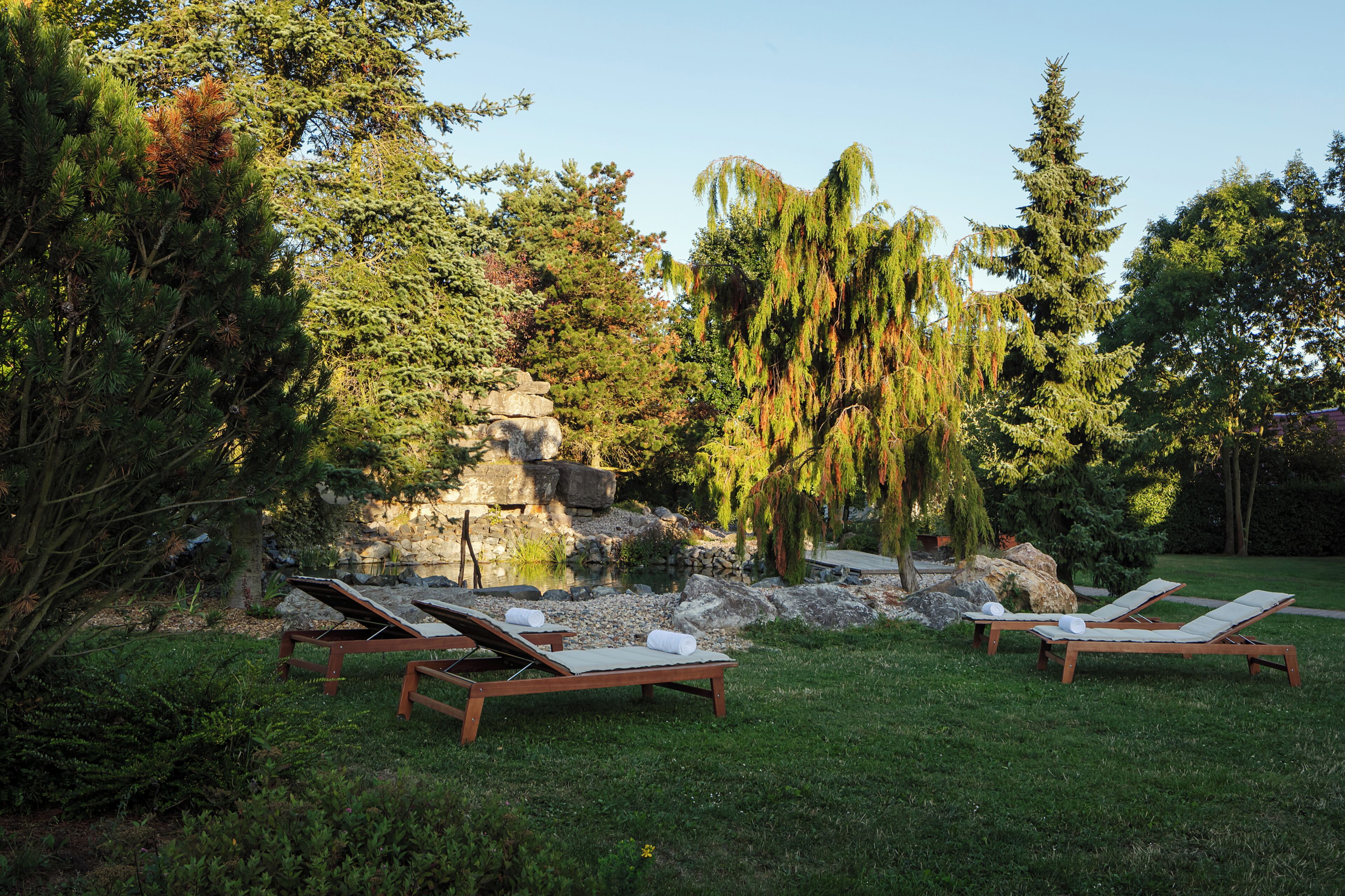 Un jardín con cuatro sillones de madera, un pequeño estanque y diversos árboles.