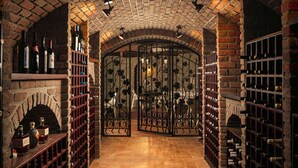 A wine cellar with brick walls, wooden shelves, and a metal gate. - po.spolu wellness resort (Mokrovraty)
