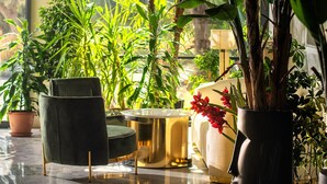 A modern indoor space with a large window, a green chair, a round table, and various potted plants. - TNR Otel & Spa (Kusadasi)