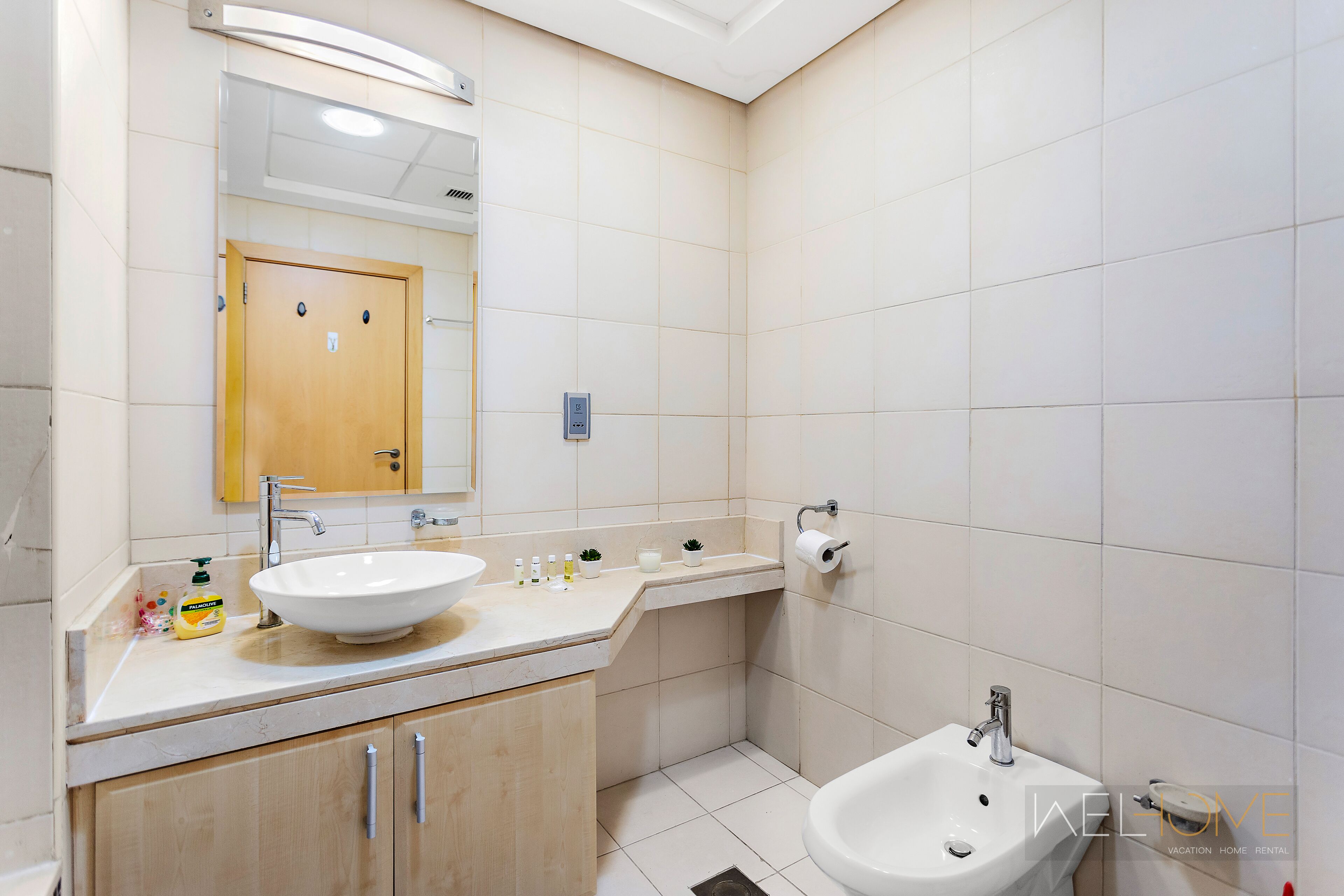 Un baño moderno con un lavamanos grande, un bidé y un espejo.