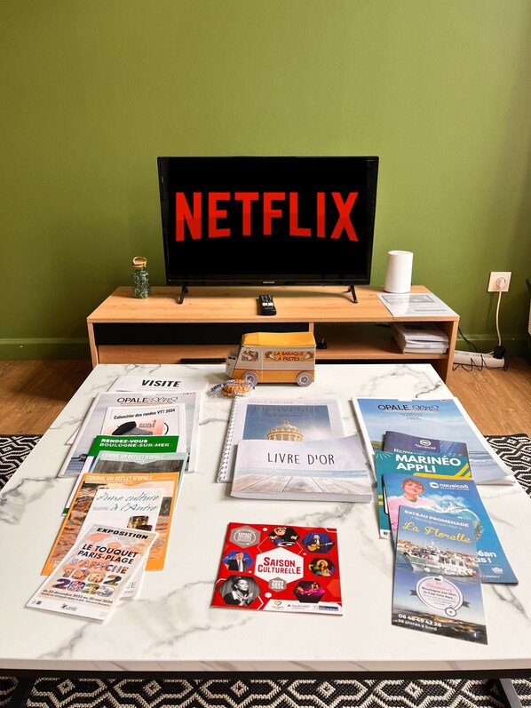 Una habitación con una televisión mostrando 'NETFLIX', una mesita con libros y un control remoto, y una alfombra estampada.
