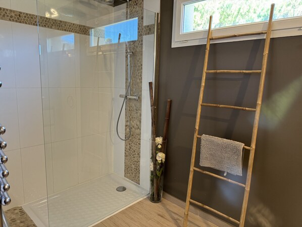 Shower, hair dryer, towels
