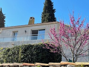 Un edifici amb un balcó, una xemenea i un arbre florit al primer pla.
