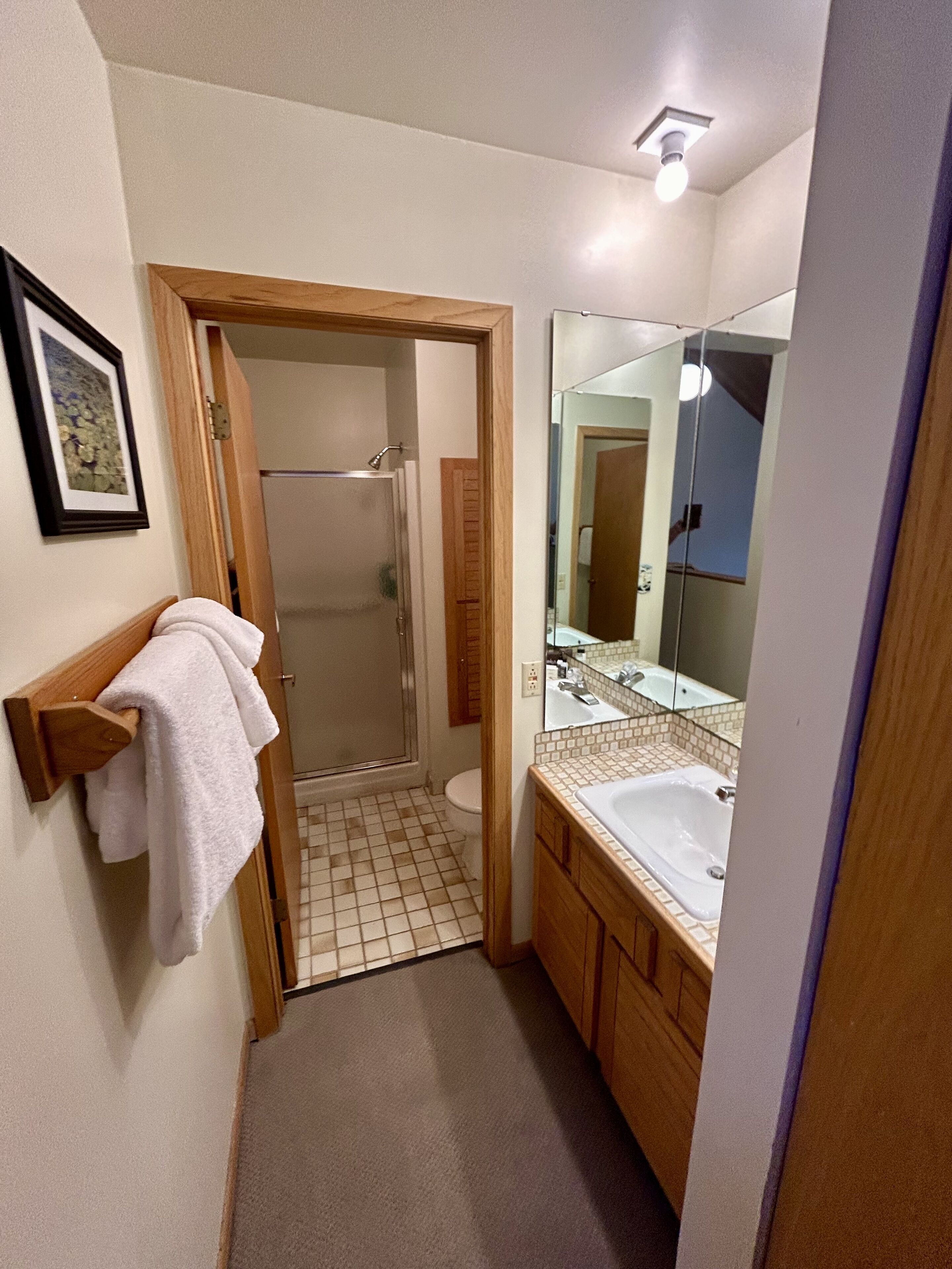 A small bathroom with a shower, toilet, and sink.