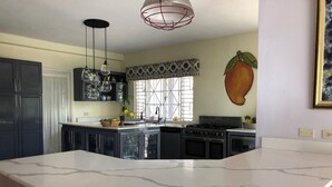 Une cuisine dotée d’un grand îlot central, de meubles de rangement sombres, d’une cuisinière et d’une fenêtre agrémentée de rideaux à motifs.