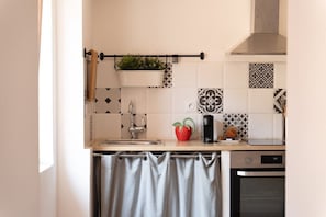 A kitchen with a stainless steel oven, a coffee maker, and a hanging plant. - Apartment Roof Top with spa (Bastia)