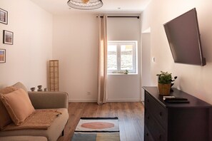 A modern living room with a sofa, a flat-screen TV, a wooden floor, and a window with curtains. - Apartment Roof Top with spa (Bastia)