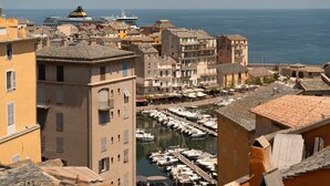 Un pueblo costero con edificios históricos, una marina con barcos y un crucero al fondo.