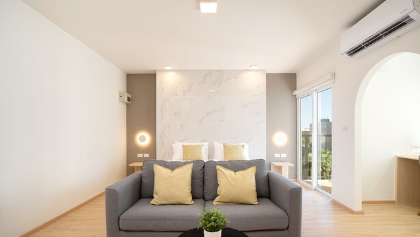 Una sala de estar moderna con un sofá gris, dos cojines dorados, una mesa de centro negra y una planta en maceta.