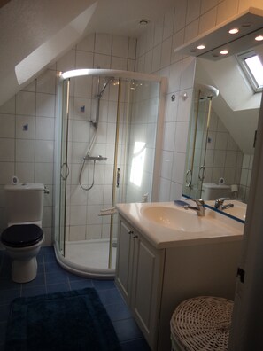 Shower, hair dryer, soap, shampoo