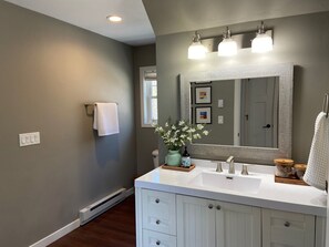 Bathroom features a large vanity with a white countertop and mirrored backsplash, a towel rack, and a vase with flowers.