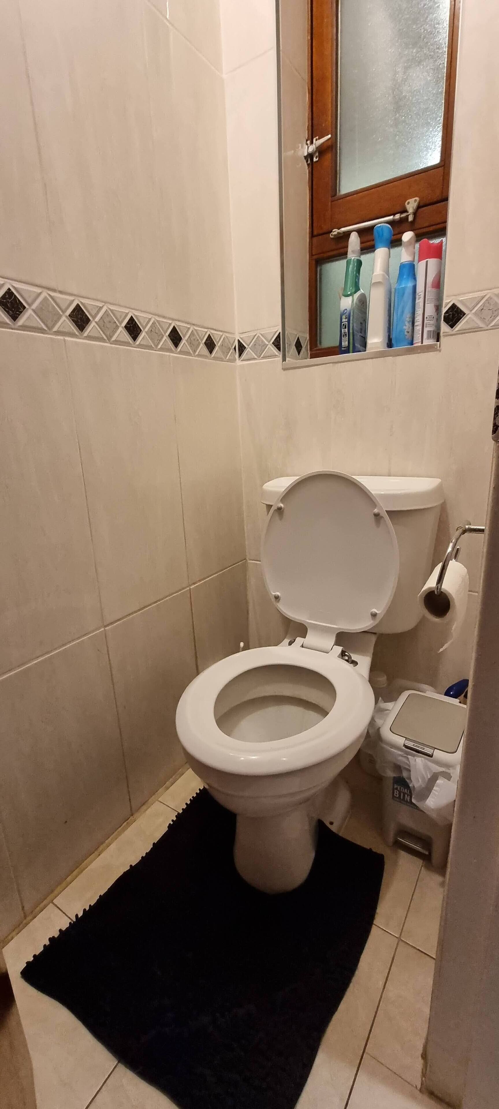 A small bathroom with a toilet, a black rug, and a window above the toilet.