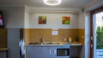 A modern kitchen with a sink, stove, and oven, wooden cabinets, and two fruit-themed wall art pieces.