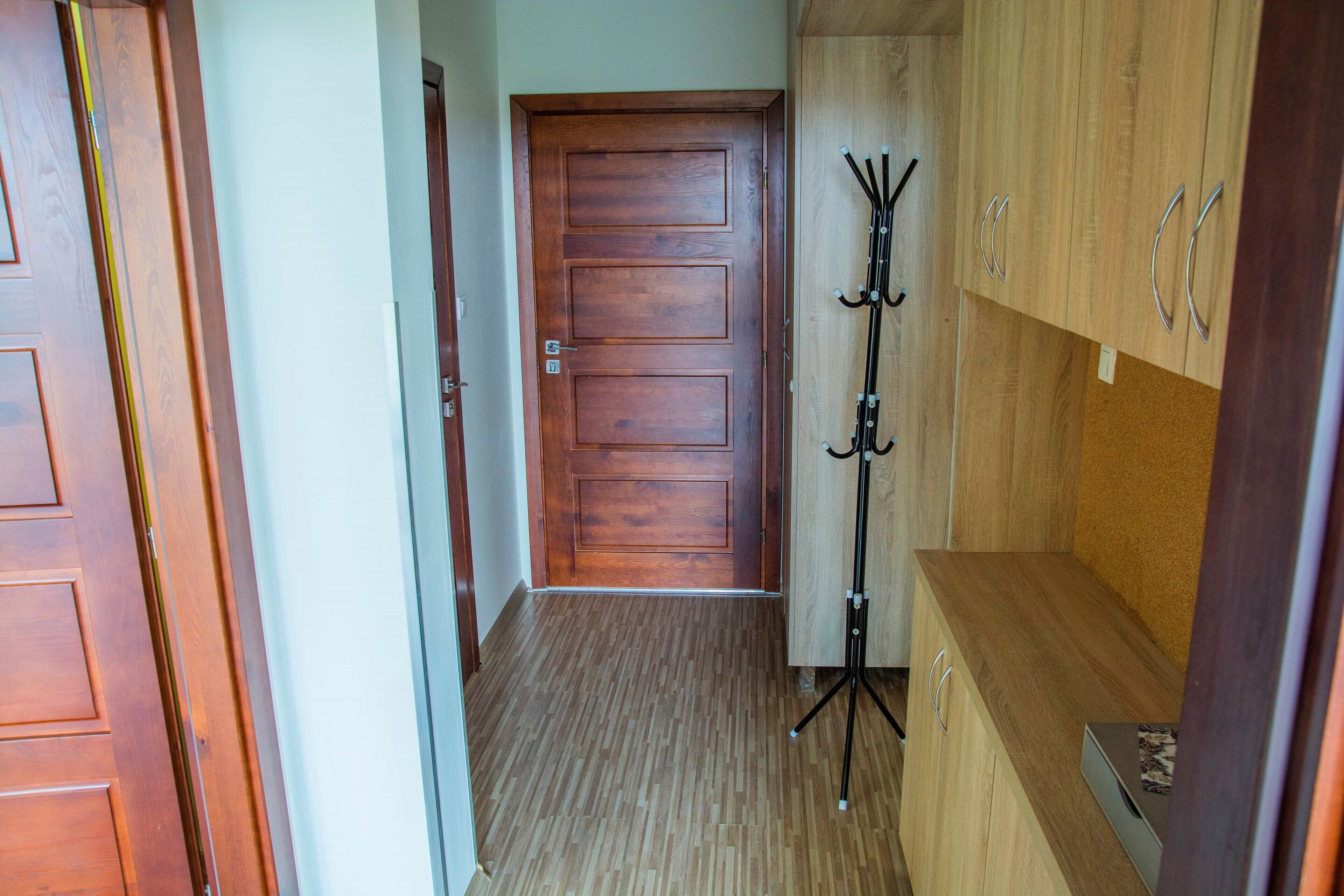Un pasillo con una puerta de madera, un perchero y armarios de madera.