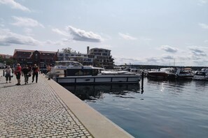 Un puerto deportivo con barcos amarrados, un paseo de adoquines y edificios al fondo.