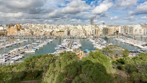 A marina with numerous boats docked, surrounded by urban buildings and trees. - Beautiful seafront home with private balcony & BBQ (Tal-Pietà)