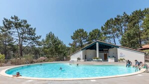 A swimming pool with a covered area, surrounded by trees.