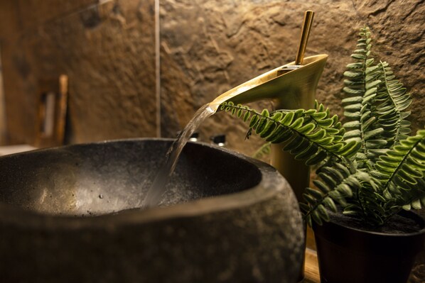 A stone basin with a water spout and a potted fern. - Romantic Lodge on Edge of Nature Reserve (Colchester)