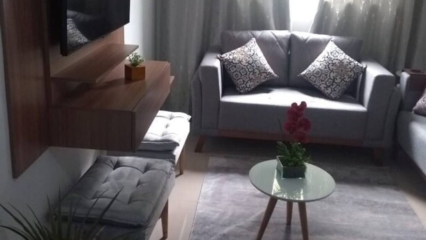Un salon moderne avec un canapé gris, un téléviseur à écran plat fixé sur une étagère en bois, une table basse en verre et une plante en pot.