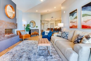 TV, fireplace, books - Downtown Winter Park Condo: 3 Mi to Slopes! (Winter Park)