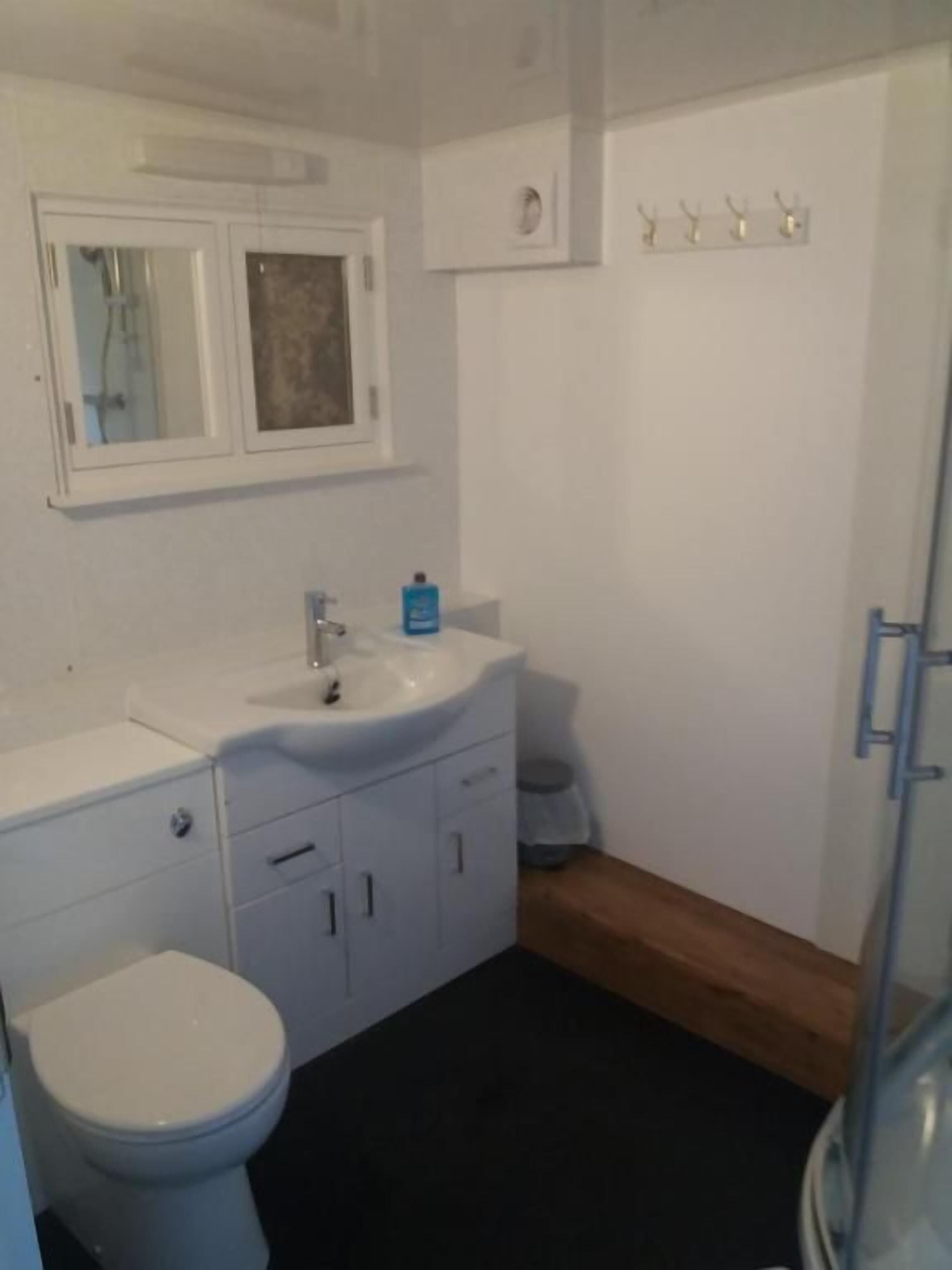 A bathroom with a white sink, mirror, and toilet.