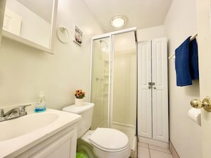 A bathroom with a toilet, sink, shower, and a towel rack. - Spacious Home in Johnson City, NY by BU, UHS & BCC (Johnson City)