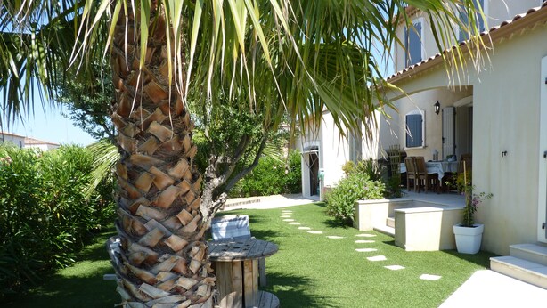 Un jardin bien entretenu, agrémenté d’un palmier, d’un banc en bois et d’un espace patio avec des meubles d’extérieur.